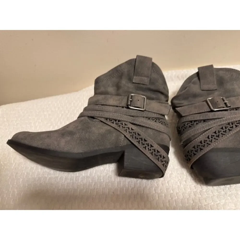 Used Not Rated Gray Faux Suede Ruched Booties with Cutout Strap Design 6.5